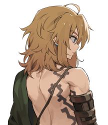 Rule 34 | 1boy, absurdres, ahoge, archaic set (zelda), back, bad id, bad twitter id, blonde hair, blue eyes, bodypaint, closed mouth, earrings, from behind, hair down, highres, jewelry, korean commentary, link, long hair, male focus, messy hair, monza (saeumon), nintendo, pointy ears, simple background, solo, the legend of zelda, the legend of zelda: breath of the wild, the legend of zelda: tears of the kingdom, white background