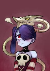 Rule 34 | 1girl, bare shoulders, blue hair, blue skin, blush, colored skin, detached collar, detached sleeves, hair over one eye, image sample, leviathan (skullgirls), looking up, md5 mismatch, nishiide kengorou, red eyes, resized, side ponytail, skull, skullgirls, squigly (skullgirls), stitched mouth, stitches, striped, striped sleeves, upper body, zombie