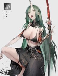 Rule 34 | 1girl, anklet, arknights, arm tattoo, armlet, bandana, belt, bikini, black bandana, black bikini, bracelet, breasts, green hair, highres, holding, holding sword, holding weapon, horns, hoshiguma (arknights), huge weapon, jewelry, large breasts, long hair, long skirt, looking at viewer, looking down, nail polish, navel, on one knee, open mouth, red nails, sharp teeth, single horn, skirt, solo, squatting, swimsuit, sword, tattoo, teeth, tongue, tongue out, upper teeth only, user dmzk8883, very long hair, weapon, white background, yellow eyes