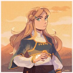 Rule 34 | 1girl, blonde hair, blue eyes, blue tunic, cloud, cloudy sky, highres, long hair, long sleeves, looking at viewer, nintendo, orphetoon, pointy ears, princess zelda, puffy long sleeves, puffy sleeves, sky, standing, sunset, the legend of zelda, the legend of zelda: breath of the wild, triforce