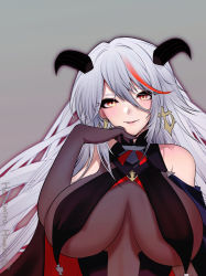 Rule 34 | 1girl, aegir (azur lane), azur lane, bare shoulders, bodystocking, breast curtains, breasts, clothing cutout, cross, demon horns, earrings, finger to own chin, grey background, hachimitsu hinako, hair between eyes, horns, huge breasts, iron cross, jewelry, long hair, looking at viewer, shoulder cutout, silver hair, smile, unfinished, yellow eyes