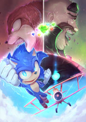 Rule 34 | 4boys, aircraft, airplane, animal nose, bald, blue eyes, blue sky, chaos emerald, cloud, dr. eggman, electricity, evil smile, facial hair, furry, furry male, gloves, goggles, goggles on head, highres, knuckles the echidna, laughing, master emerald, multiple boys, mustache, myuutau tadakichi, open mouth, purple eyes, shoes, sky, smile, sonic (live action), sonic (series), sonic the hedgehog, sonic the hedgehog 2 (film), tails (sonic), teeth, white gloves
