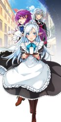 Rule 34 | 1boy, 2girls, :d, absurdres, alternate costume, apron, blue bow, blue eyes, blue hair, blush, boots, bow, breasts, brown footwear, character request, cityscape, cup, day, dress, drinking glass, enmaided, frilled apron, frilled dress, frilled sleeves, frills, full body, half updo, hands up, highres, himajin maou no sugata de isekai e, holding, holding cup, holding tray, juliet sleeves, katsurai yoshiaki, large breasts, long dress, long hair, long sleeves, looking at viewer, looking away, maid, maid apron, maid headdress, multiple girls, nail polish, neck ribbon, novel illustration, official art, open mouth, pointy ears, profile, puffy sleeves, purple hair, red eyes, red nails, ribbon, ryue (himajin maou no sugata de isekai e), sidelocks, smile, standing, tray