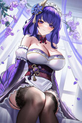 Rule 34 | 1girl, alternate costume, apron, bare shoulders, black garter straps, black thighhighs, blush, breasts, cleavage, closed mouth, enmaided, eternity (shadeh), falling petals, flower, from below, garter straps, genshin impact, hair ornament, highres, large breasts, long hair, looking at viewer, looking down, maid, maid apron, maid headdress, mole, mole under eye, petals, purple eyes, purple hair, raiden shogun, sitting, solo, thighhighs, thighs, white apron