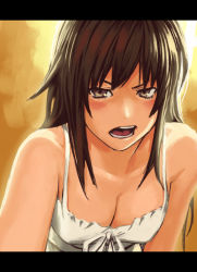 Rule 34 | 1girl, annoyed, breasts, brown eyes, brown hair, camisole, cleavage, dress, large breasts, letterboxed, long hair, looking at viewer, open mouth, original, solo, upper body, yuuji (and)