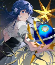 Rule 34 | 1girl, absurdres, arknights, artist name, astesia (arknights), backless dress, backless outfit, blue eyes, blue hair, blurry, blurry foreground, bright pupils, calinae, clock, dress, fingernails, highres, holding, long hair, looking at viewer, looking to the side, open mouth, orb, short sleeves, upper body, white dress, white pupils