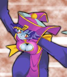 Rule 34 | 1girl, blue hair, blue skin, blush stickers, breasts, capcom, chinese clothes, cleavage, cleavage cutout, clothing cutout, colored skin, flipped hair, hat, jiangshi, large breasts, lei lei, ofuda, onnaski, short hair, solo, vampire (game)