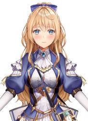 Rule 34 | 1girl, ahoge, bad id, bad pixiv id, blonde hair, blue dress, blue eyes, blue ribbon, blush, book, bow, braid, brooch, buttons, collared shirt, crown braid, dress, frills, hair ribbon, half updo, jewelry, long hair, looking at viewer, lunacle, marica bellerose, mole, mole under eye, myholo tv, ponytail, puffy short sleeves, puffy sleeves, ribbon, shirt, short sleeves, simple background, smile, solo, strap, upper body, virtual youtuber, white background, white bow, white shirt