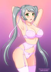 Rule 34 | 1girl, :o, armpits, arms behind head, arms up, artist name, bare shoulders, blush, bra, breasts, burbur, collarbone, commentary, english commentary, garter belt, garter straps, green eyes, grey hair, hair ribbon, lingerie, long hair, looking at viewer, mixed-language commentary, navel, open mouth, panties, panties over garter belt, parted lips, pink bra, pink panties, pink ribbon, pink thighhighs, ribbon, senran kagura, simple background, spread armpit, standing, thighhighs, tsubame (senran kagura), twintails, underwear, underwear only, watermark