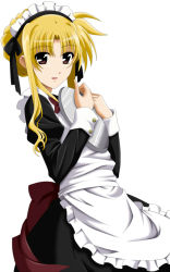 Rule 34 | 00s, 1girl, alternate hairstyle, apron, bad id, bad pixiv id, blonde hair, fate testarossa, holding to chest, long sleeves, lyrical nanoha, mahou shoujo lyrical nanoha strikers, maid, maid apron, maid headdress, red eyes, solo, takamachi fate, white background, white theme