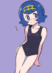 Rule 34 | 1girl, absurdres, bare arms, black one-piece swimsuit, blue eyes, blue hair, blush, bright pupils, closed mouth, collarbone, commentary request, covered navel, creatures (company), flying sweatdrops, game freak, hairband, hand on own hip, head tilt, highres, lana (pokemon), looking to the side, nervous, nintendo, no sclera, one-piece swimsuit, pokemon, pokemon sm, purple background, raised eyebrows, short hair, simple background, solo, split mouth, swimsuit, tankobukids, yellow hairband