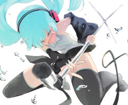 Rule 34 | 1girl, absurdres, black skirt, blue hair, blue nails, collared shirt, detached sleeves, foreshortening, grey shirt, hatsune miku, headphones, headset, highres, holding, holding microphone stand, long hair, microphone stand, music, nyora (soredemosekai), one eye closed, open mouth, shirt, singing, skirt, solo, thighhighs, twintails, very long hair, vocaloid, water drop