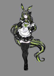 Rule 34 | 1girl, alfonso (project moon), animal ears, apron, black dress, black footwear, black gloves, black thighhighs, dress, full body, gloves, green eyes, green hair, grey background, hand up, highres, limbus company, long hair, looking at viewer, maid, maid apron, multicolored hair, project moon, rabbit ears, shan23852196, shoes, simple background, solo, streaked hair, thighhighs, very long hair, white apron
