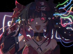 Rule 34 | 1girl, :d, bare shoulders, bell, black choker, black gloves, black hair, choker, commentary, confetti, criss-cross halter, fox mask, gloves, gun, halterneck, handgun, holding, holding gun, holding weapon, honkai: star rail, honkai (series), inagoinaire, jingle bell, long hair, mask, mask on head, neck bell, o-ring, open mouth, red eyes, revolver, smile, snubnosed revolver, solo, sparkle (honkai: star rail), symbol-only commentary, twintails, upper body, weapon