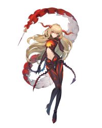 Rule 34 | 1girl, absurdres, arm at side, artist request, astaroth (illusion connect), blonde hair, bodysuit, breasts, clothing cutout, floating, floating hair, hair between eyes, hand up, highres, horns, illusion connect, long hair, midair, navel, navel cutout, official art, red eyes, simple background, small breasts, solo, tail, third-party source, transparent background