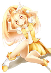 Rule 34 | 10s, 1girl, blonde hair, boots, bow, choker, cure peace, double v, hair flaps, hair ornament, kise yayoi, long hair, magical girl, open mouth, ponytail, precure, shiba neko, sitting, skirt, smile precure!, solo, tiara, v, wrist cuffs, yellow bow, yellow eyes, yellow skirt, yellow theme