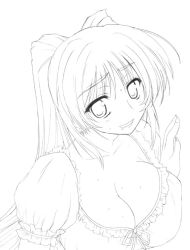 Rule 34 | 00s, 1girl, aoi manabu, breast press, breasts, cleavage, greyscale, kousaka tamaki, large breasts, monochrome, nightgown, solo, sweat, to heart (series), to heart 2, upper body