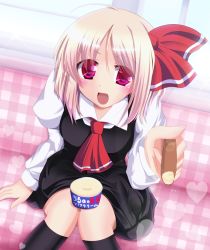Rule 34 | 1girl, :d, ahoge, ascot, blonde hair, blush, bow, embodiment of scarlet devil, feeding, female focus, flood, food, fule, hair bow, heart, highres, incoming food, looking at viewer, open mouth, pov, pov feeding, red eyes, rumia, short hair, smile, solo, touhou