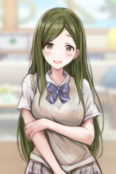 Rule 34 | 1girl, absurdres, alternate costume, alternate hairstyle, arm under breasts, blurry, blurry background, blush, bow, bowtie, breasts, diagonal-striped bow, diagonal-striped bowtie, diagonal-striped clothes, green eyes, green hair, highres, idolmaster, idolmaster shiny colors, large breasts, long hair, looking at viewer, nanakusa hazuki, nannacy7, parted bangs, plaid, plaid skirt, pleated skirt, school uniform, short sleeves, sidelocks, skirt, smile, solo, straight hair, striped clothes, upper body, very long hair, vest