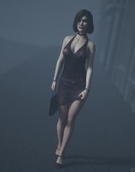 Rule 34 | 1girl, 3d, artist request, bag, bare legs, bare shoulders, breasts, brown hair, cleavage, dress, eileen galvin, full body, highres, holding, holding bag, lips, looking to the side, medium breasts, shiny skin, short hair, silent hill, silent hill (series), silent hill 4: the room, solo, thighs, walking, wide hips