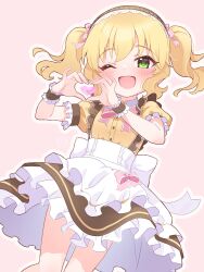 Rule 34 | 1girl, apron, back bow, blonde hair, blush, bow, bowtie, brown skirt, commentary, dot nose, euphoniummatsu, flat chest, frilled skirt, frilled sleeves, frills, green eyes, hair between eyes, hairband, hands up, heart, heart hands, highres, idolmaster, idolmaster cinderella girls, lace-trimmed hairband, lace trim, legs, looking at viewer, maid, medium hair, one eye closed, open mouth, pink background, pink bow, pink bowtie, puffy short sleeves, puffy sleeves, sakurai momoka, shirt, short sleeves, sidelocks, skirt, smile, solo, thighs, twintails, waist apron, wavy hair, white apron, wrist cuffs, yellow shirt