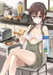 Rule 34 | 1girl, :d, bacon, bikini, bikini top only, blue eyes, blue hairband, blush, bread, breasts, chair, cherry tomato, closed mouth, coffee pot, commentary request, container, counter, crossed legs, day, egg (food), food, fried egg, fried egg on toast, fujita hidetoshi, glasses, hairband, halterneck, holding, indoors, kitchen, kitchen scale, knife, lettuce, licking lips, long hair, looking at viewer, makinami mari illustrious, medium breasts, milk carton, neon genesis evangelion, open mouth, overalls, pasta, pepper shaker, plate, red-framed eyewear, salt shaker, sitting, smile, solo, spaghetti, star (symbol), star print, stove, sunlight, sunny side up egg, swimsuit, table, toast, toaster, tomato, tongue, tongue out, translation request, underboob, weighing scale, white bikini, window, wooden floor