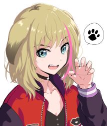Rule 34 | 1girl, :d, animal ears, black choker, blue eyes, choker, collarbone, dog ears, hair flaps, jacket, kawai rika, letterman jacket, light brown hair, multicolored hair, niina ryou, open clothes, open jacket, open mouth, paw pose, paw print, simple background, smile, solo, speech bubble, spoken paw, streaked hair, teeth, upper body, upper teeth only, white background, wonder egg priority