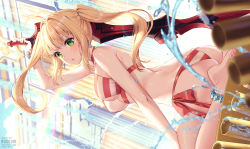 Rule 34 | 1girl, aestus estus, ahoge, arm up, ass, bare shoulders, barefoot, bikini, blonde hair, blush, breasts, commentary request, earrings, fate/grand order, fate (series), green eyes, hair intakes, holding, holding sword, holding weapon, indoors, jewelry, long hair, looking at viewer, medium breasts, nail polish, nero claudius (fate), nero claudius (fate) (all), nero claudius (swimsuit caster) (fate), open mouth, rosuuri, scrunchie, shiny skin, simple background, sitting, solo, striped, swimsuit, sword, thighs, toenail polish, toenails, toes, water, water drop, weapon