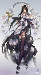 Rule 34 | 1girl, artist name, bare shoulders, black gloves, black thighhighs, blush, breasts, brown eyes, brown hair, bug, butterfly, character request, cleavage, clothes lift, copyright request, dress, floral background, flower, full body, gloves, hair flower, hair ornament, highres, holding, holding flower, insect, large breasts, lily (flower), long hair, looking at viewer, matching hair/eyes, medium breasts, panties, parted lips, platform footwear, rodway, shoes, skirt, skirt lift, solo, standing, thighhighs, underwear, very long hair, white dress, white footwear, white panties