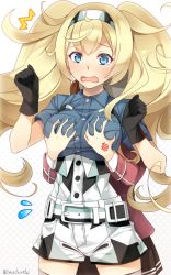 Rule 34 | 2girls, ^^^, ahoge, anger vein, belt, black gloves, blonde hair, blue eyes, blue shirt, breast envy, grabbing another&#039;s breast, breast pocket, breasts, buttons, collared shirt, commentary request, cowboy shot, crying, crying with eyes open, gambier bay (kancolle), gloves, grabbing, hair between eyes, hairband, halftone, highres, imachireki, kantai collection, large breasts, multicolored clothes, multiple girls, pocket, ryuujou (kancolle), shirt, short sleeves, shorts, tears, twintails, wavy mouth