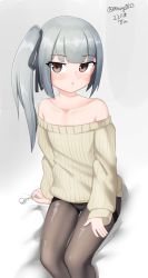 Rule 34 | 1girl, absurdres, bare shoulders, black pantyhose, brown eyes, collarbone, dated, gradient background, grey background, grey hair, highres, kantai collection, kasumi (kancolle), lap pillow invitation, long hair, maru (marg0613), mimikaki, off-shoulder sweater, off shoulder, pantyhose, side ponytail, solo, sweater, thighband pantyhose, twitter username, yellow pantyhose
