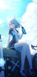 Rule 34 | 1girl, absurdres, akazaki yukino, animal ear fluff, animal ears, assault rifle, bag, bicycle, bike jersey, biker clothes, bikesuit, blue archive, blue eyes, blue sky, blush, bodysuit, bottle, breasts, clothes writing, cloud, collarbone, commentary request, cross hair ornament, cycling uniform, day, eyelashes, full body, gloves, green gloves, grey hair, gun, hair between eyes, hair ornament, halo, hand up, highres, holding, holding bottle, looking at viewer, medium breasts, medium hair, mismatched pupils, outdoors, parted lips, shiroko (blue archive), shiroko (cycling) (blue archive), shoes, short sleeves, sidelocks, sig sauer 556, sitting, sky, sneakers, socks, solo, sunlight, sweat, wall, water bottle, weapon, white footwear, white socks