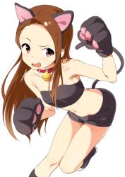 Rule 34 | 1girl, animal ears, animal hands, bad id, bad pixiv id, bare shoulders, bell, brown hair, cat ears, cat tail, collar, gloves, idolmaster, idolmaster (classic), long hair, looking at viewer, midriff, minase iori, navel, nazononiku, neck bell, open mouth, paw gloves, paw pose, red eyes, solo, tail