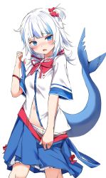 Rule 34 | 1girl, akai haato, akai haato (1st costume), akai haato (cosplay), belt, blue eyes, blue hair, blue skirt, blue sky, blunt bangs, blush, clothes pull, cosplay, dress shirt, embarrassed, fang, feet out of frame, fins, fish tail, frown, gawr gura, hair ornament, hair ribbon, heart, heart hair ornament, highres, hololive, hololive english, knees, layered skirt, looking at viewer, medium hair, multicolored hair, navel, neck ribbon, nose blush, one side up, open clothes, open mouth, open shirt, orobou, panties, partially unbuttoned, partially undressed, pink belt, pink ribbon, pleated skirt, pulled by self, red ribbon, ribbon, shark tail, shirt, short sleeves, simple background, skirt, skirt pull, sky, solo, standing, streaked hair, suspender skirt, suspenders, tail, two-tone hair, underwear, undressing, virtual youtuber, white background, white hair, white panties, white shirt