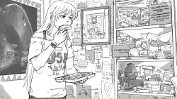 1girl azur_lane cabinet commentary eating english_text enterprise_(anniversary_ride)_(azur_lane) enterprise_(azur_lane) field_ration food greyscale highres long_hair map monochrome parody photo-referenced photo_(object) picture_frame real_life sitzkrieg-chan watch