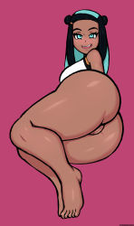 Rule 34 | 1girl, absurdres, bare legs, bare shoulders, barefoot, black hair, blue eyes, blue hair, bottomless, breasts, cleft of venus, creatures (company), dark-skinned female, dark skin, drunkavocado, feet, female focus, game freak, highres, huge breasts, large breasts, legs, long hair, looking at viewer, multicolored hair, nessa (pokemon), nintendo, open mouth, pink background, pokemon, pokemon swsh, pussy, simple background, smile, solo, teeth, thick thighs, thighs, toes, tongue, two-tone hair, uncensored, upper teeth only