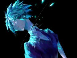 Rule 34 | 1other, 8795641 (lofter), afterimage, aqua eyes, aqua hair, aqua theme, black background, cracked skin, crystal hair, decapitation, disembodied head, gem uniform (houseki no kuni), highres, houseki no kuni, looking away, looking to the side, necktie, other focus, parted lips, phosphophyllite, shards, short sleeves, simple background, solo, sparkle, spoilers, upper body