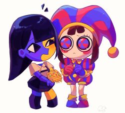 Rule 34 | 2023, 2girls, asymmetrical footwear, asymmetrical gloves, bell, black dress, black skirt, blue hair, blunt ends, blush, bodysuit, brown hair, brown shirt, buttons, cake, chibi, clenched hands, closed mouth, collared shirt, colored skin, commentary, crossover, dark blue hair, dress, ena (joel g), ena (series), english commentary, food, full body, gloves, grey background, hands up, hat, hat bell, highres, holding, holding food, jester, jester cap, long hair, looking at another, mismatched gloves, multicolored clothes, multicolored eyes, multicolored headwear, multicolored skin, multiple girls, no shoes, open mouth, orange skin, pink bodysuit, pink eyes, pink footwear, pink gloves, pink headwear, pomni (the amazing digital circus), puffy short sleeves, puffy sleeves, purple bodysuit, purple eyes, purple footwear, purple gloves, purple headwear, purple skin, purple socks, shirt, shoes, short hair, short sleeves, signature, simple background, skirt, socks, standing, striped bodysuit, striped clothes, striped headwear, suspender skirt, suspenders, the amazing digital circus, two-tone bodysuit, usagimarumei, vertical-striped bodysuit, vertical-striped clothes, vertical-striped headwear, wing collar, yellow socks