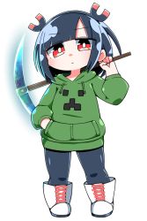 Rule 34 | 1girl, black hair, black hairband, black pantyhose, boots, commentary request, creeparka, creeper, cross-laced footwear, drawstring, full body, green hoodie, hairband, hand in pocket, holding, hood, hood down, hoodie, jitomi monoe, lace-up boots, long sleeves, magnet, minecraft, minecraft pickaxe, odabuts, pantyhose, pickaxe, red eyes, simple background, solo, standing, transparent background, virtual youtuber, voms, white background, white footwear