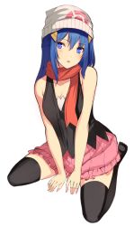 Rule 34 | 00s, 1girl, bare shoulders, beanie, black thighhighs, blue eyes, blue hair, breasts, cleavage, creatures (company), dawn (pokemon), game freak, hair ornament, hat, kneeling, kureha (ironika), long hair, looking at viewer, matching hair/eyes, nintendo, parted lips, pink skirt, pokemon, pokemon (anime), pokemon dppt, scarf, simple background, sitting, skirt, small breasts, solo, thighhighs, wariza