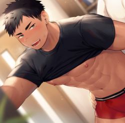 Rule 34 | 2boys, abs, bara, bare pectorals, black hair, black shirt, blush, boxers, bulge, clothes lift, cropped, cum, cum on clothes, earrings, erection, erection under clothes, greyscale, hand on another&#039;s waist, hao (haozz), jewelry, large pectorals, male focus, male underwear, monochrome, multiple boys, muscular, navel, navel hair, nipples, open mouth, original, paid reward available, pectorals, precum, shirt, shirt lift, short hair, solo focus, underwear, yaoi