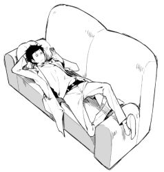 Rule 34 | 1boy, belt, black hair, cellphone, closed mouth, commentary, couch, from above, full body, greyscale, head on hand, holding, holding phone, lab coat, long sleeves, looking at screen, lying, male focus, misti, monochrome, okabe rintarou, on back, pants, phone, simple background, slippers, solo, steins;gate, white background