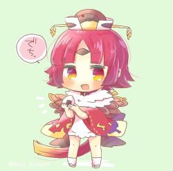 Rule 34 | 1girl, :d, absurdly long hair, apron, benienma (fate), blush, brown hat, chibi, fate/grand order, fate (series), food, full body, green background, hat, holding, holding food, japanese clothes, kimono, kou hiyoyo, long hair, looking at viewer, low ponytail, lowres, onigiri, open mouth, parted bangs, ponytail, red eyes, red hair, red kimono, short sleeves, smile, socks, solo, standing, translated, very long hair, white apron, white socks, wide sleeves