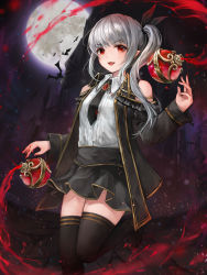 Rule 34 | 1girl, absurdres, bat (animal), black jacket, black necktie, black ribbon, black skirt, black thighhighs, bottle, breasts, building, castle, clothing cutout, commentary, crystalherb, fang, full moon, gem, grey hair, hair ribbon, highres, jacket, leg up, long hair, long sleeves, looking at viewer, moon, necktie, night, night sky, open mouth, original, outdoors, pointy ears, potion, red eyes, ribbon, shirt, shoulder cutout, side ponytail, skirt, sky, small breasts, solo, standing, standing on one leg, thighhighs, vampire, white shirt, wing collar, zettai ryouiki