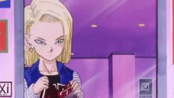 Rule 34 | 1990s (style), 1girl, android 18, animated, animated gif, blonde hair, dragon ball, dragonball z, dress, female focus, lowres, mirror, screencap, solo