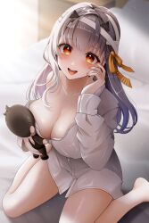 Rule 34 | 1girl, bandaged head, bandages, bare legs, barefoot, blush, breasts, character doll, cleavage, collared shirt, doll, dress shirt, from above, goddess of victory: nikke, grey hair, hair between eyes, hair ribbon, highres, holding, holding doll, large breasts, long hair, looking at viewer, milmil7, modernia (first affection) (nikke), modernia (nikke), no bra, off shoulder, official alternate costume, open mouth, red eyes, ribbon, shirt, single hair intake, sitting, smile, solo, white shirt, wing collar, yellow ribbon