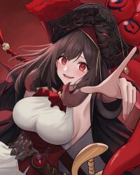 Rule 34 | 1girl, absurdres, ascot, azur lane, black coat, black hair, breasts, coat, hands up, hat, highres, large breasts, looking at viewer, medium hair, nnnonn666, open clothes, open coat, open mouth, pirate, pirate hat, pointing, red ascot, red eyes, red nails, royal fortune (azur lane), sharp teeth, smile, solo, suction cups, teeth, tentacle hair, tentacles