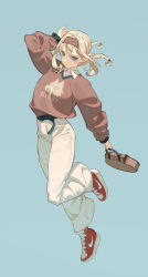 Rule 34 | 1girl, bag, belt, black belt, blonde hair, blue eyes, breasts, brown sweater, collared shirt, commentary, contemporary, english commentary, full body, grey background, hair between eyes, hairband, handbag, head tilt, highres, looking at viewer, louis vuitton (brand), medium breasts, nike (company), original, pants, red footwear, shirt, shoes, simple background, smile, sneakers, solo, standing, sweater, sweater tucked in, timbougami, twintails, v-neck, white legwear, white shirt, wing collar