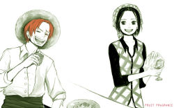 Rule 34 | 1boy, 1girl, bandana, bar (place), east blue, food, glass, hat, makino (one piece), one piece, open clothes, open shirt, plate, red hair, shanks (one piece), shirt, simple background, sitting, smile, straw hat, towel, white background