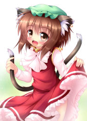 Rule 34 | 1girl, animal ears, blush, bow, brown hair, cat ears, cat girl, cat tail, chen, clothes lift, dress, dress lift, earrings, fang, female focus, frilled dress, frills, hat, high collar, jewelry, kane-neko, long sleeves, looking at viewer, multiple tails, nekomata, open mouth, red dress, single earring, smile, solo, tail, tail grab, touhou, yokuran